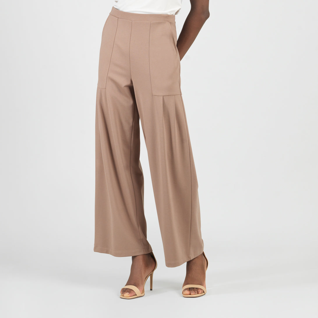 Clara Sunwoo Everyday - Rayon-Ponte Knit - Pleated Wide Leg Pocket Pant - Taupe - Limited Sizes