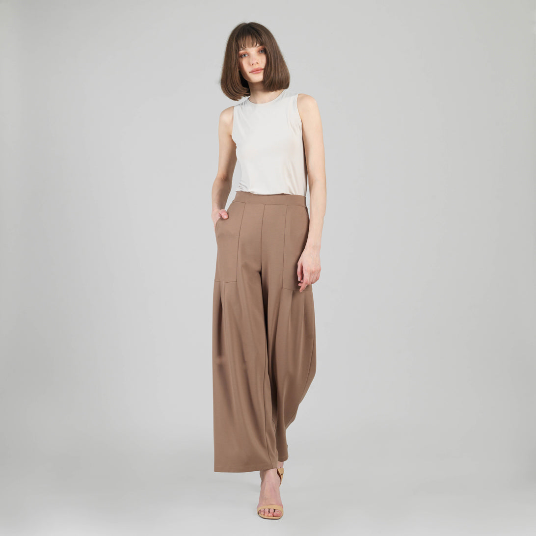 Clara Sunwoo Everyday - Rayon-Ponte Knit - Pleated Wide Leg Pocket Pant - Taupe - Limited Sizes