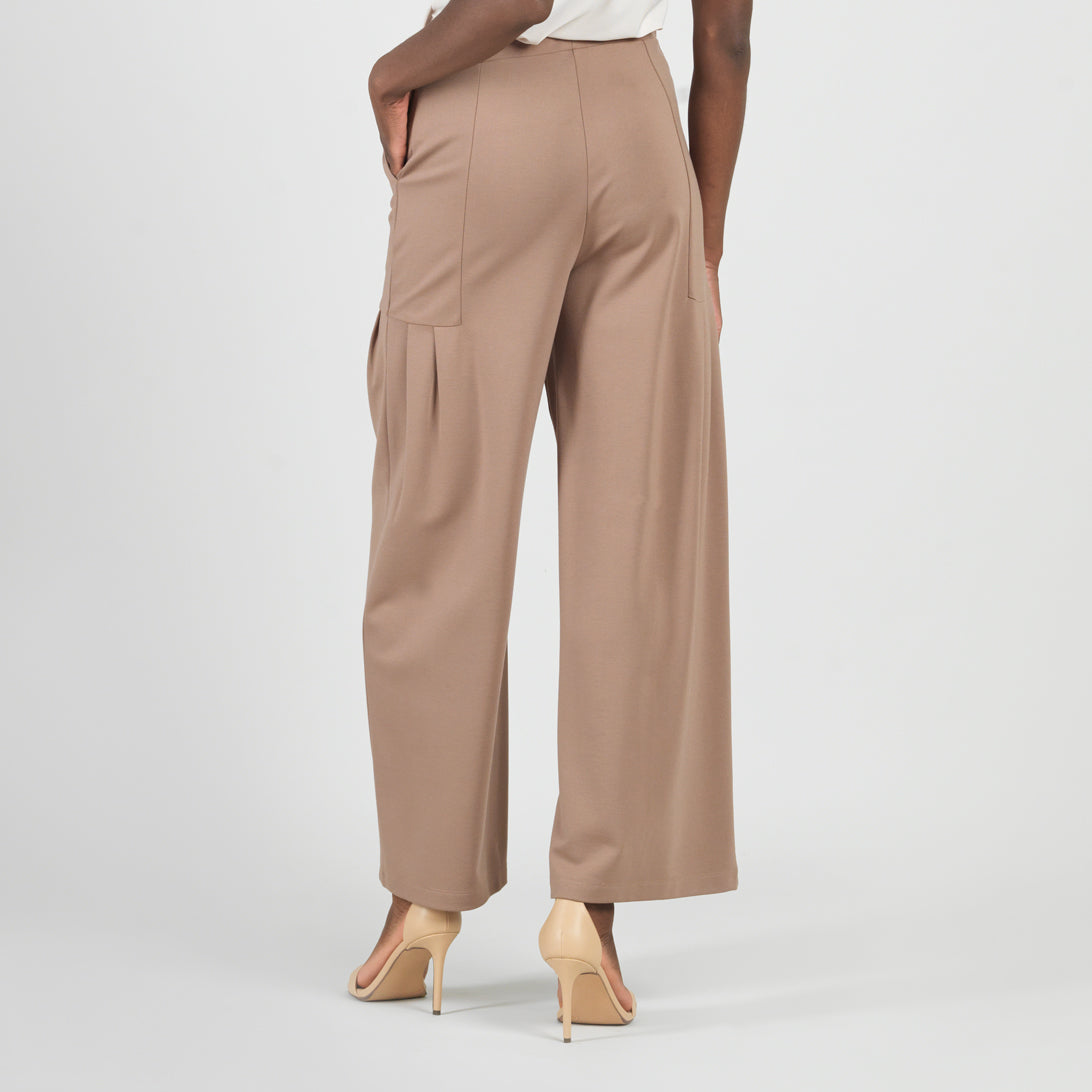 Clara Sunwoo Everyday - Rayon-Ponte Knit - Pleated Wide Leg Pocket Pant - Taupe - Limited Sizes