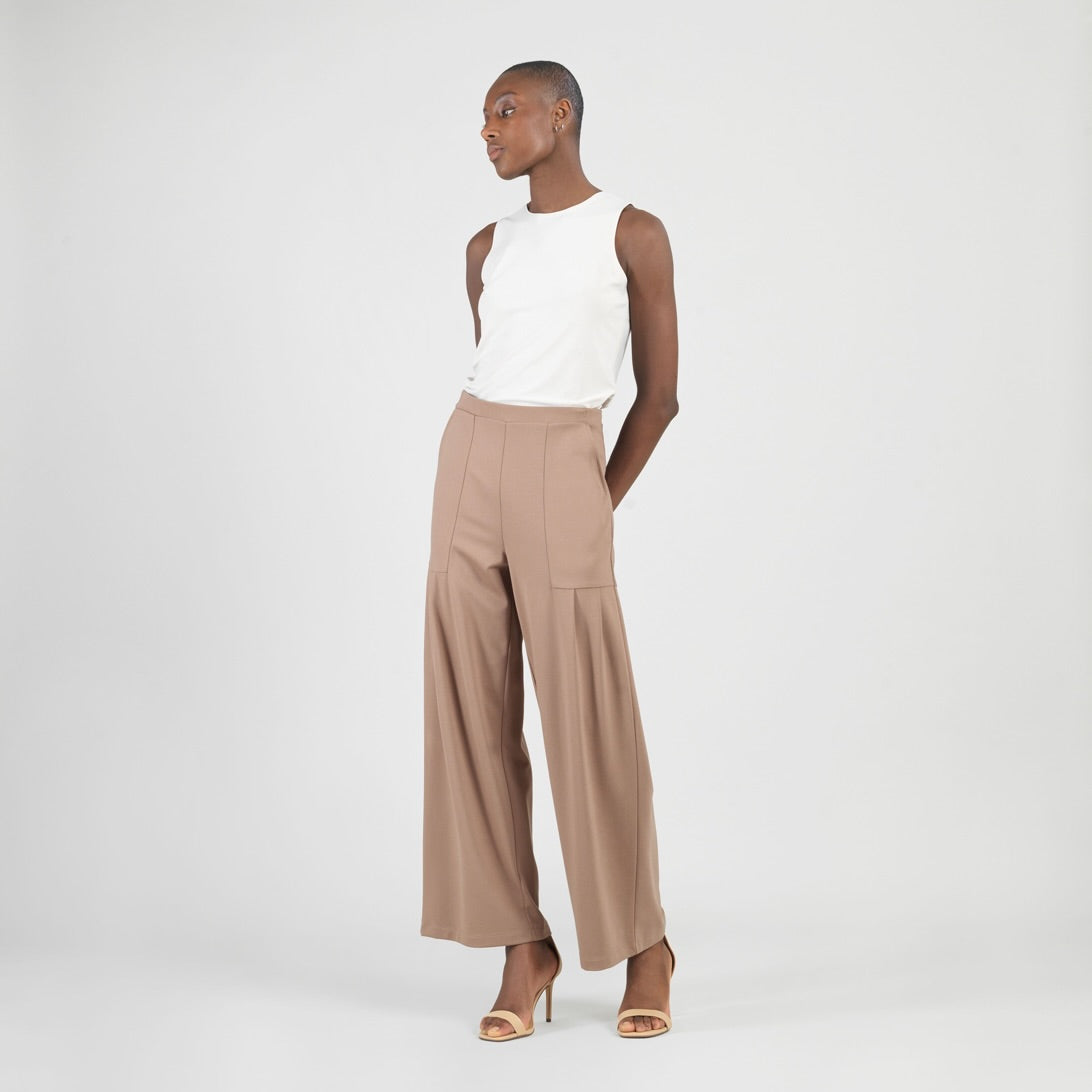 Clara Sunwoo Everyday - Rayon-Ponte Knit - Pleated Wide Leg Pocket Pant - Taupe - Limited Sizes