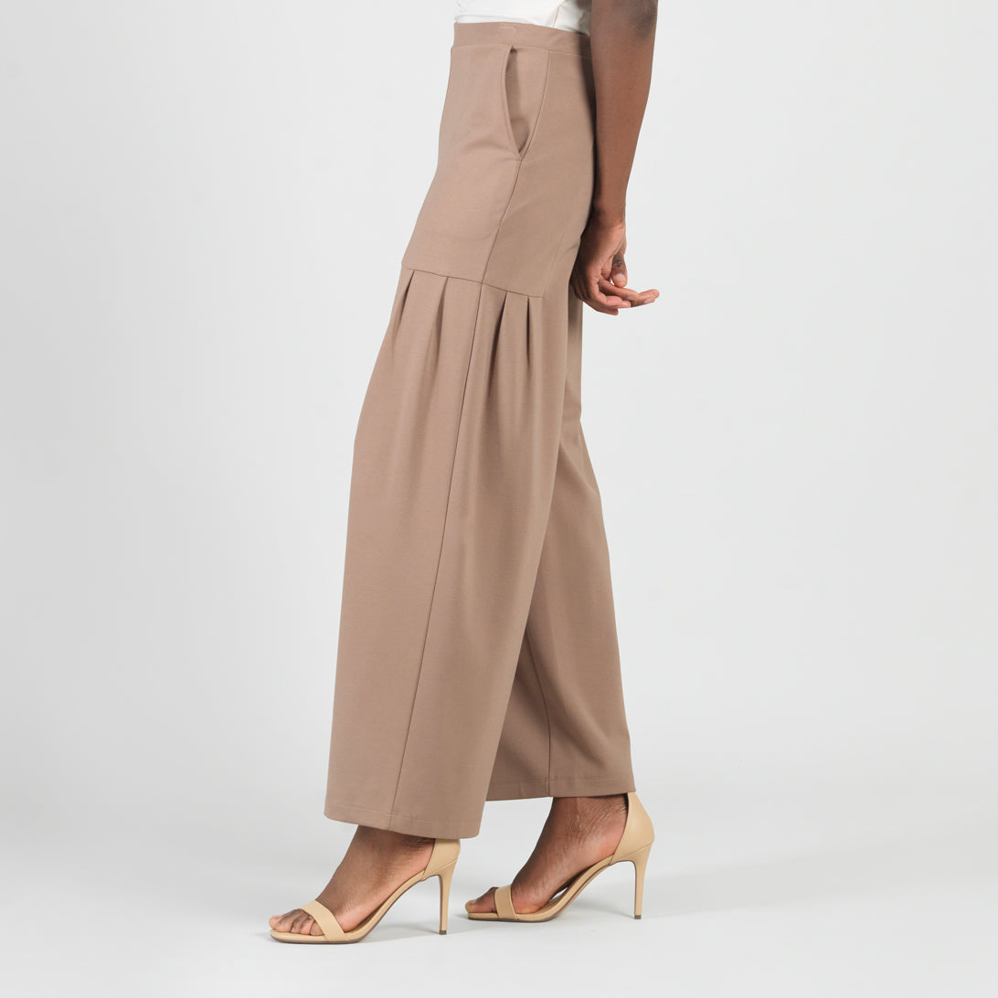 Clara Sunwoo Everyday - Rayon-Ponte Knit - Pleated Wide Leg Pocket Pant - Taupe - Limited Sizes