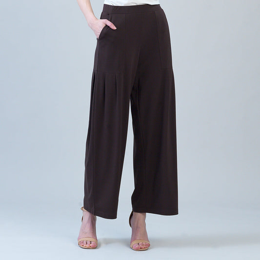 Clara Sunwoo Essential - Rayon-Ponte Knit - Pleated Wide Leg Pocket Pant - Brown