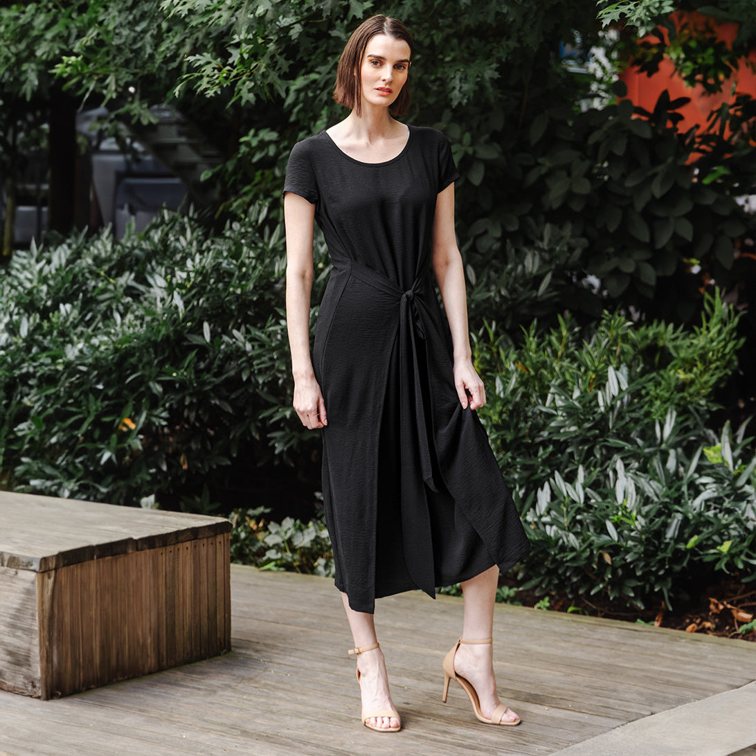 Clara Sunwoo Classic - Soft Textured Rayon - Tie Wrap Overlay Midi Dress - Black - Final Sale!