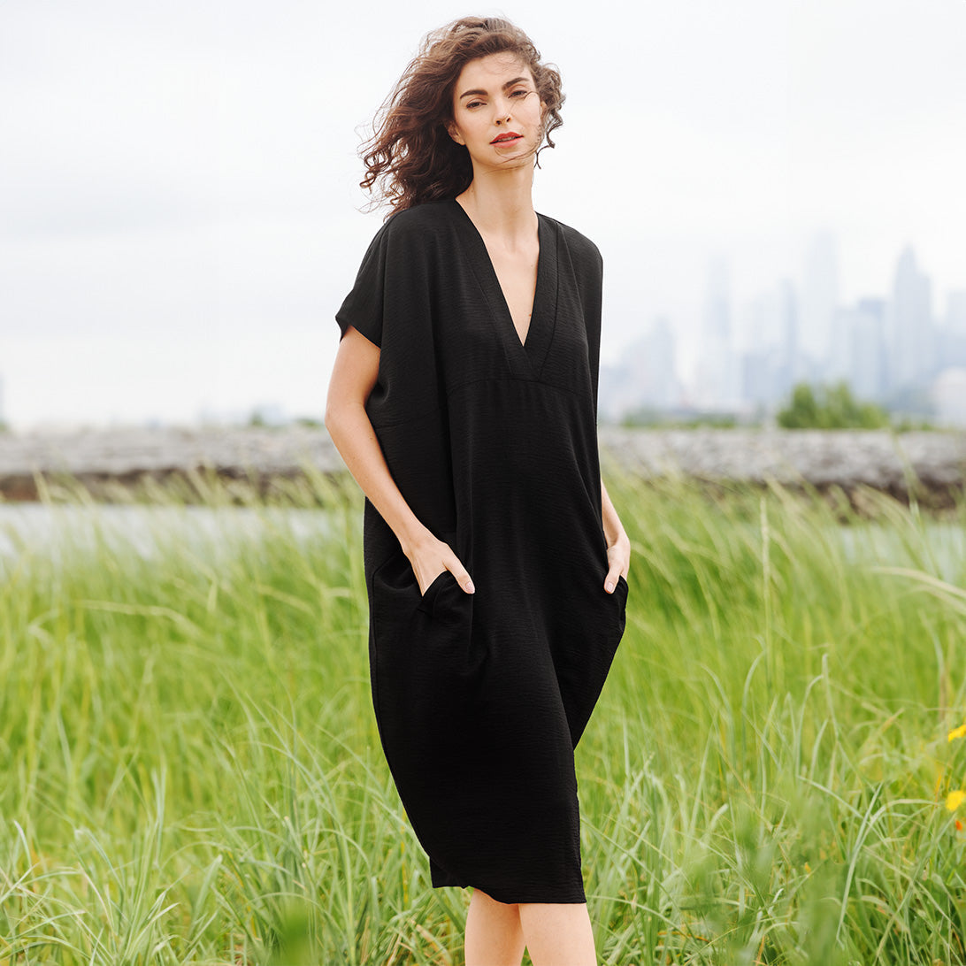Clara Sunwoo Value - Textured Rayon - Caftan Pocket Dress - Black - Final Sale