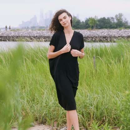 Clara Sunwoo Value - Textured Rayon - Caftan Pocket Dress - Black - Final Sale