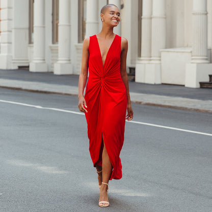 Clara Sunwoo Customer Favorite - Center Slit Maxi Dress - Red - Final Sale!