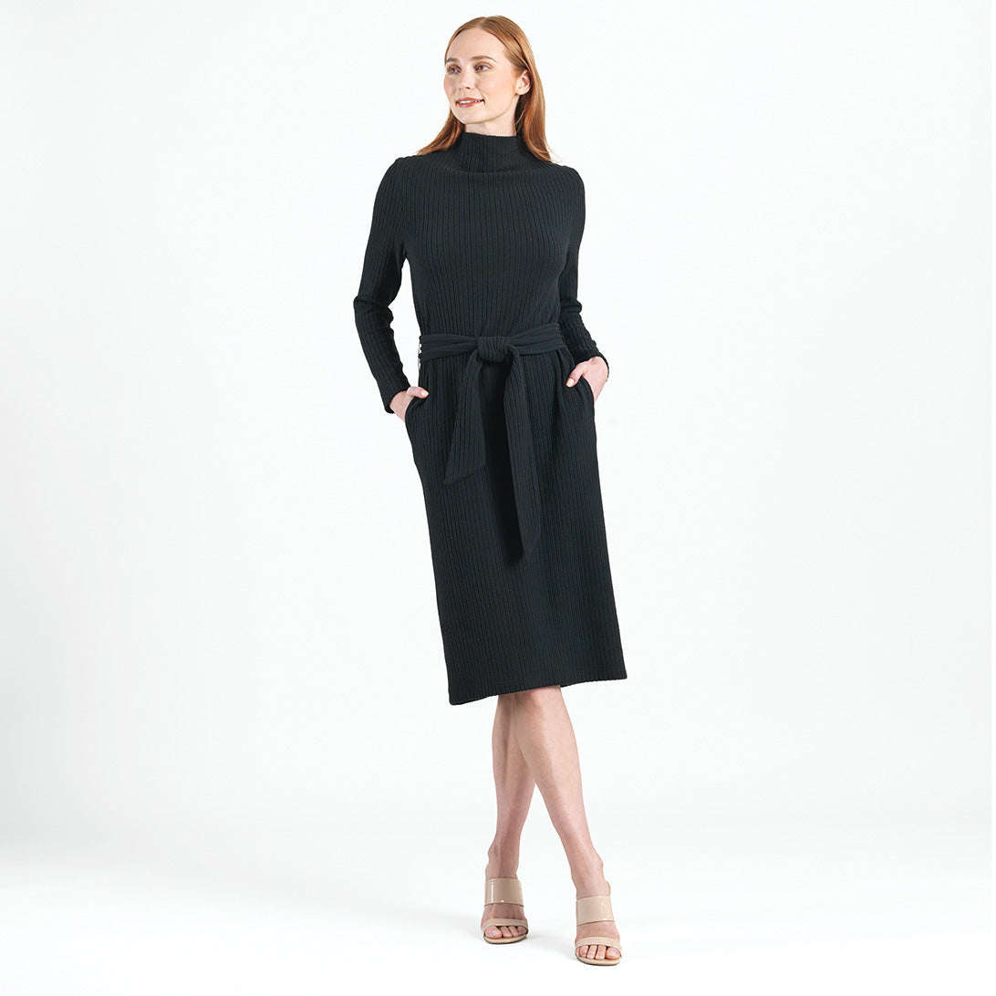 Clara Sunwoo Exclusive - Chunky Ribbed - Tie Waist Pocket Midi Sweater Dress - Black - Final Sale!
