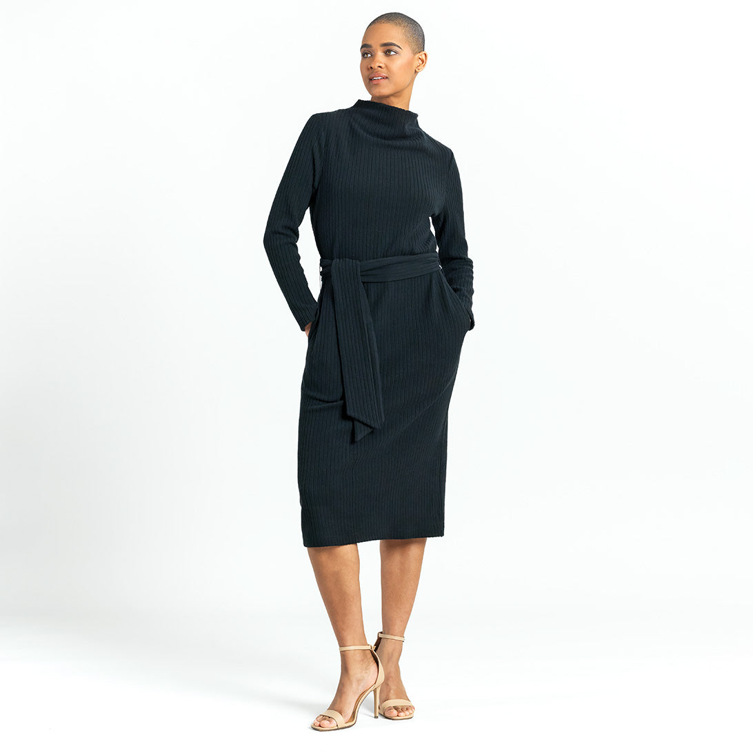 Clara Sunwoo Exclusive - Chunky Ribbed - Tie Waist Pocket Midi Sweater Dress - Black - Final Sale!