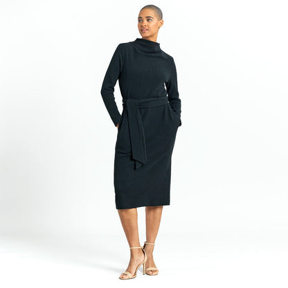 Clara Sunwoo Exclusive - Chunky Ribbed - Tie Waist Pocket Midi Sweater Dress - Black - Final Sale!