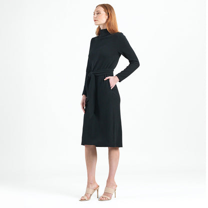 Clara Sunwoo Exclusive - Chunky Ribbed - Tie Waist Pocket Midi Sweater Dress - Black - Final Sale!