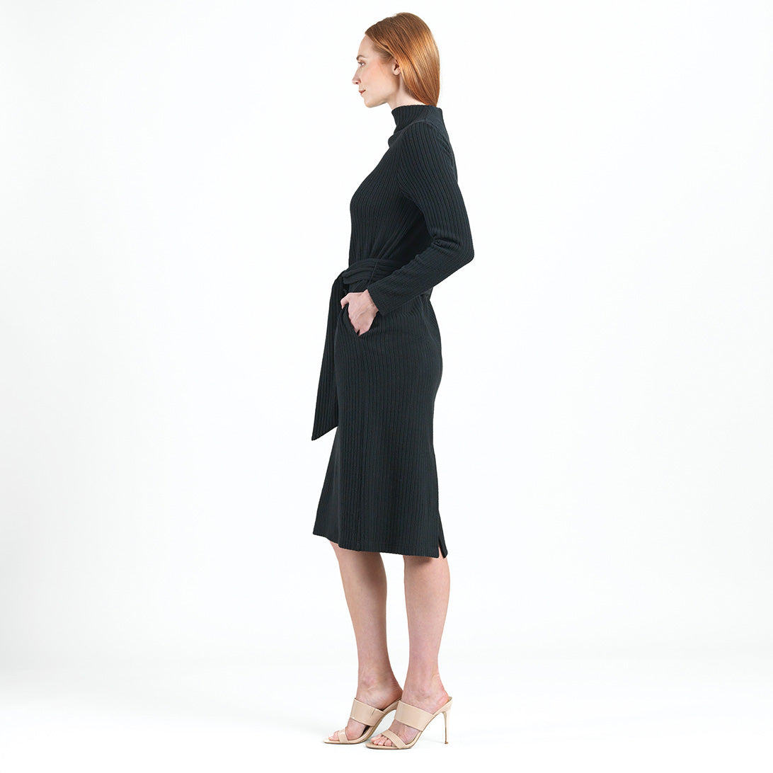 Clara Sunwoo Exclusive - Chunky Ribbed - Tie Waist Pocket Midi Sweater Dress - Black - Final Sale!