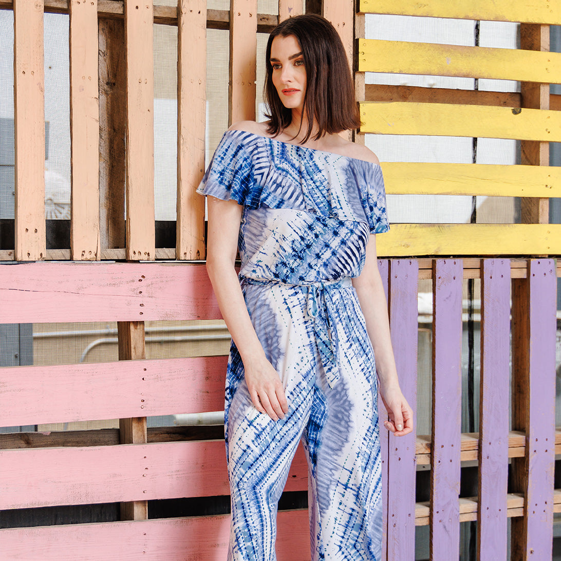 Clara Sunwoo Trusted - Ruffle Off Shoulder Pocket Jumpsuit - Acid Wash - Final Sale!