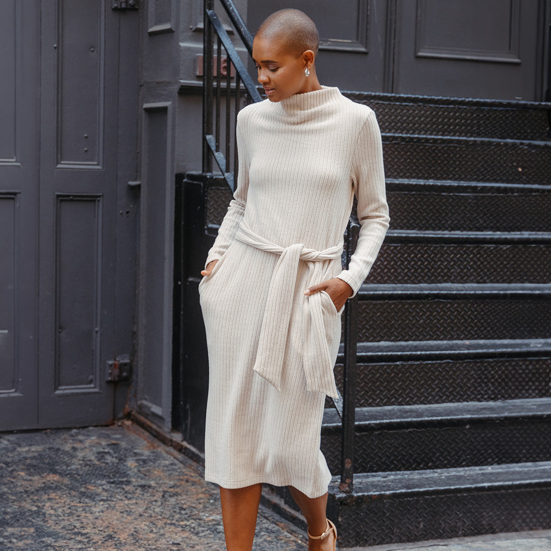 Clara Sunwoo Value - Chunky Ribbed - Tie Waist Pocket Midi Sweater Dress - Sand - Final Sale!