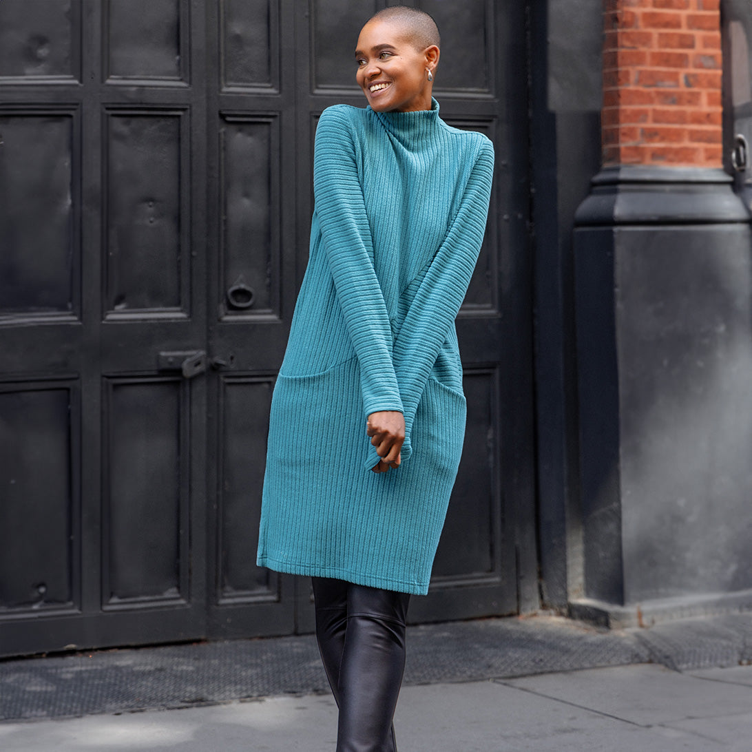 Clara Sunwoo Special Offer - Chunky Ribbed - Tunic Pocket Sweater Dress - Teal - Final Sale!