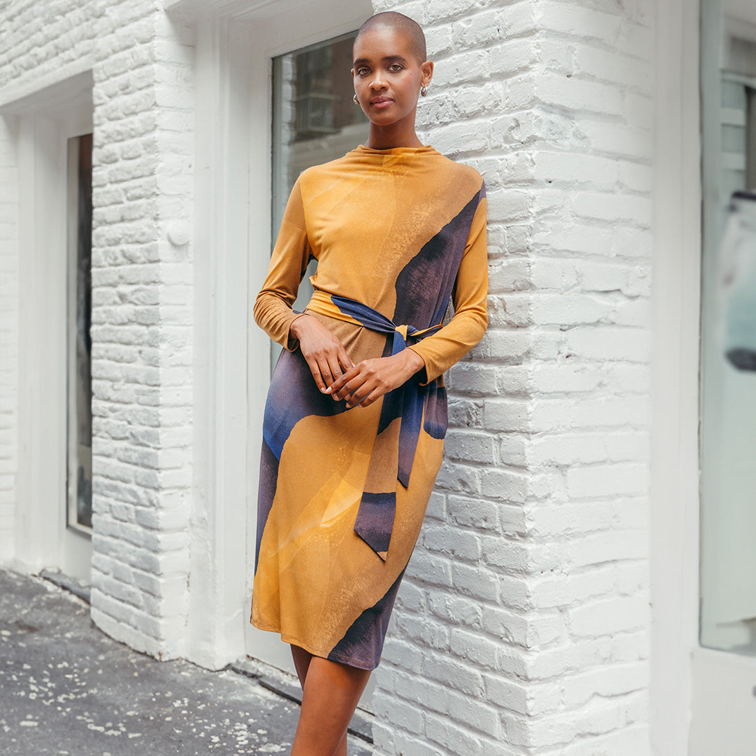 Clara Sunwoo Quality - Tie Waist Pocket Midi Dress - Tan Watercolor - Final Sale!
