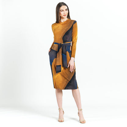 Clara Sunwoo Quality - Tie Waist Pocket Midi Dress - Tan Watercolor - Final Sale!