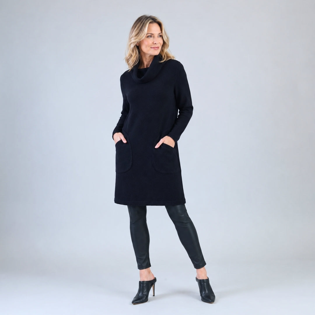 Clara Sunwoo Everyday - Ribbed - Cowl Turtleneck Tunic Sweater Dress - Black - Final Sale!