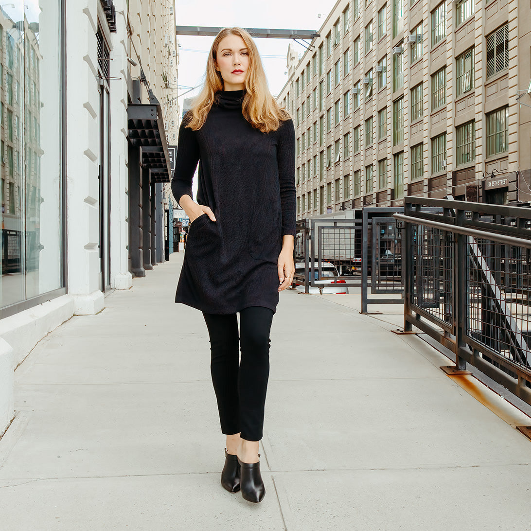 Clara Sunwoo Everyday - Ribbed - Cowl Turtleneck Tunic Sweater Dress - Black - Final Sale!