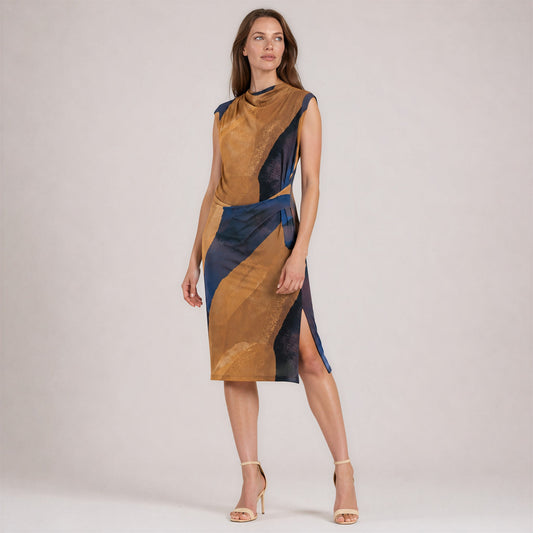 Clara Sunwoo Exclusive - Side Slit Midi Dress - Tan Watercolor - Final Sale