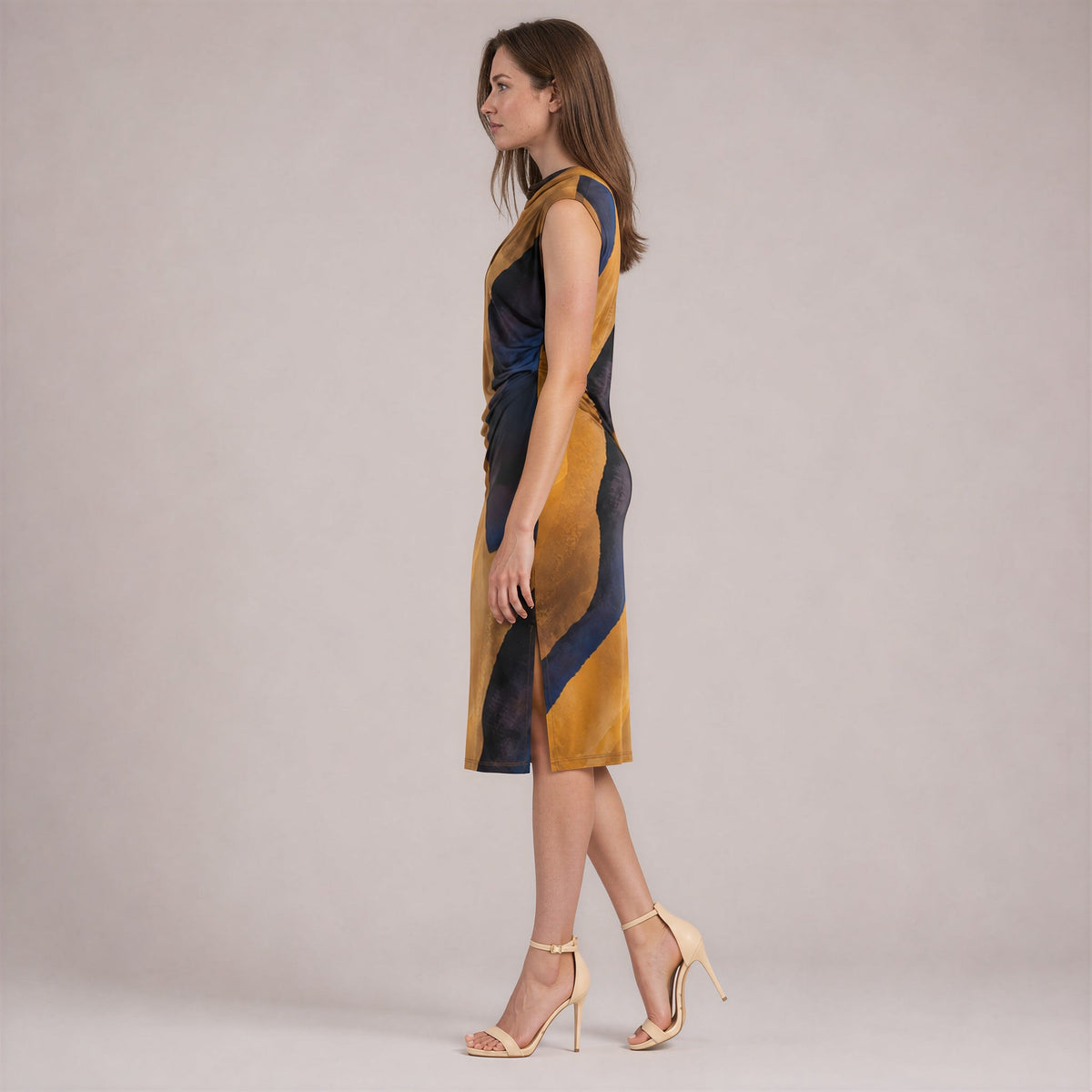 Clara Sunwoo Exclusive - Side Slit Midi Dress - Tan Watercolor - Final Sale