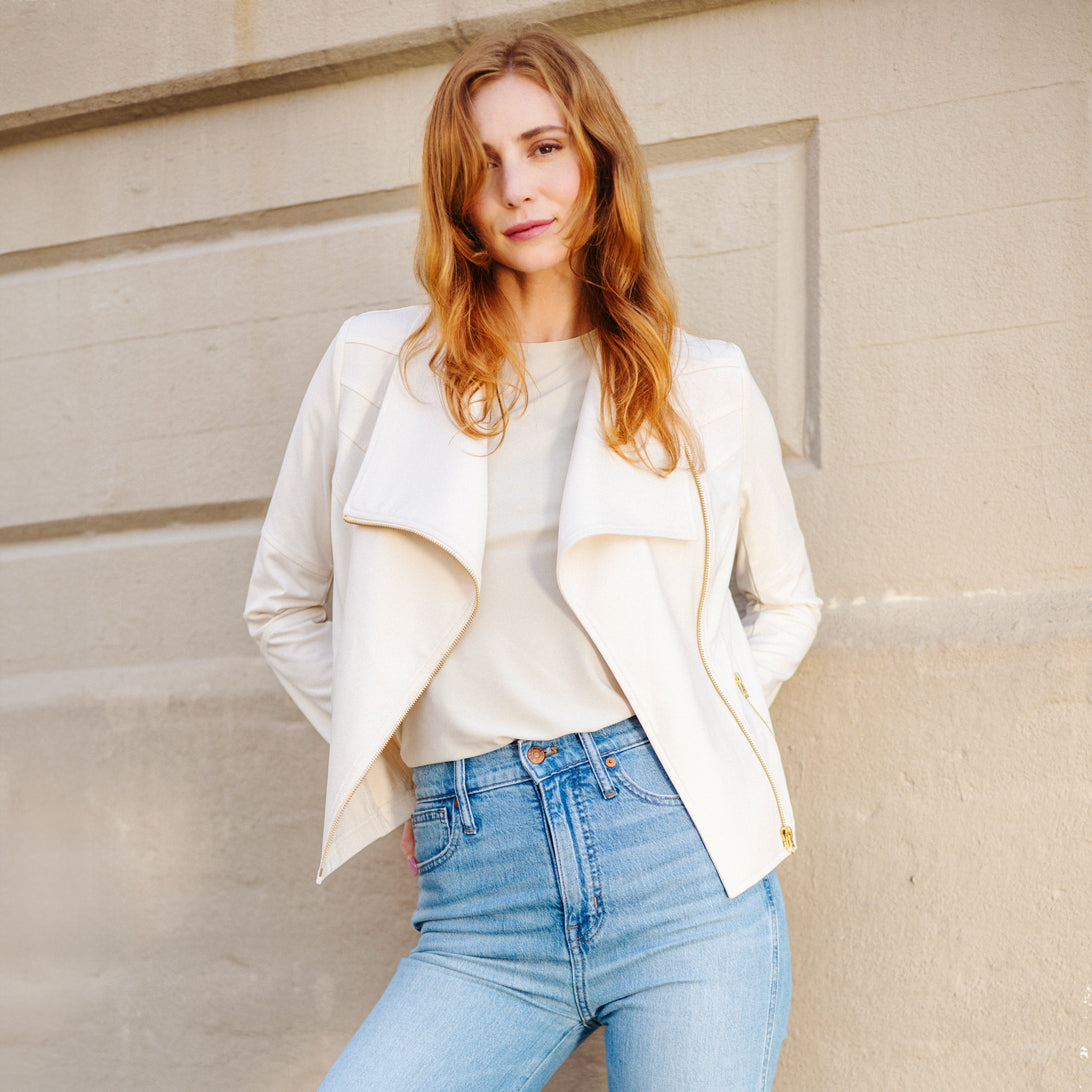 Clara Sunwoo Popular - Liquid Leather™ Drape Neck Zip Jacket - Ivory - Final Sale