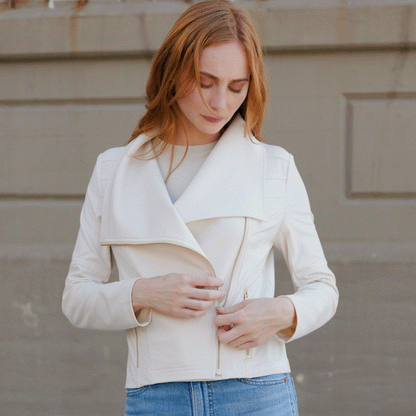 Clara Sunwoo Popular - Liquid Leather™ Drape Neck Zip Jacket - Ivory - Final Sale