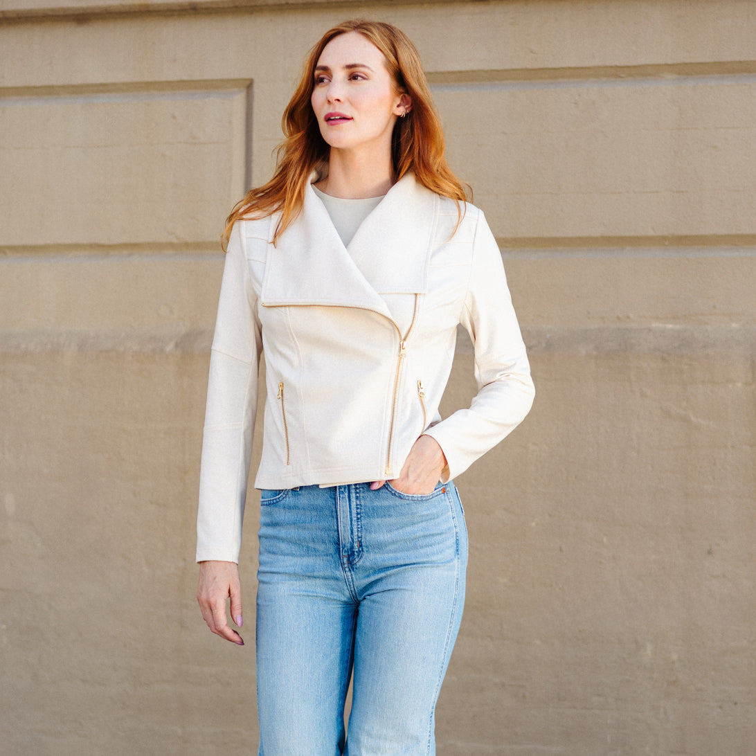 Clara Sunwoo Popular - Liquid Leather™ Drape Neck Zip Jacket - Ivory - Final Sale