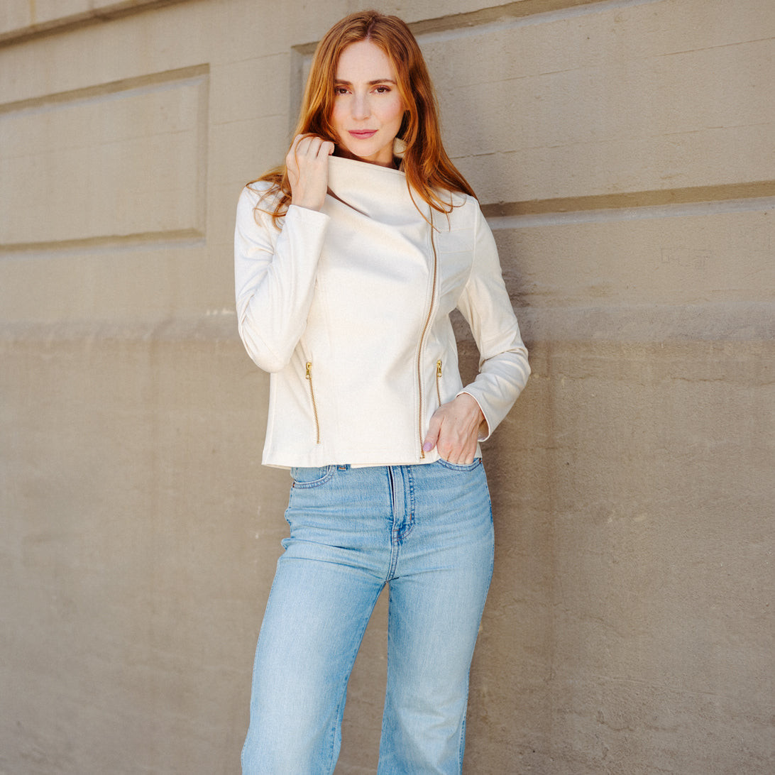 Clara Sunwoo Popular - Liquid Leather™ Drape Neck Zip Jacket - Ivory - Final Sale