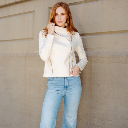 Clara Sunwoo Popular - Liquid Leather™ Drape Neck Zip Jacket - Ivory - Final Sale