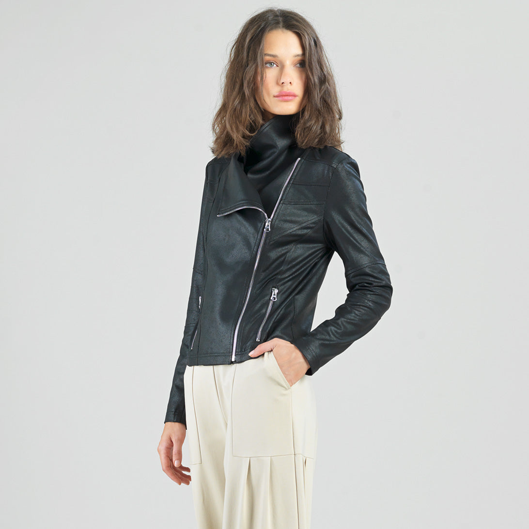 Clara Sunwoo Recommended - Liquid Leather™ Drape Neck Zip Jacket - Black - Final Sale