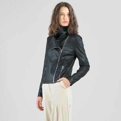 Clara Sunwoo Recommended - Liquid Leather™ Drape Neck Zip Jacket - Black - Final Sale