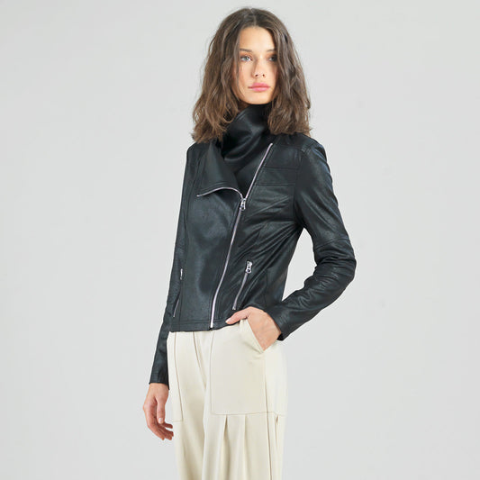 Clara Sunwoo Recommended - Liquid Leather™ Drape Neck Zip Jacket - Black - Final Sale