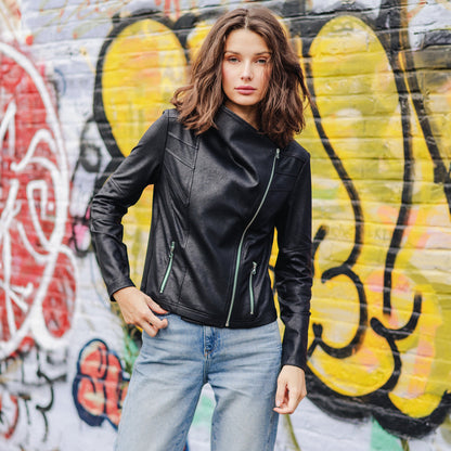 Clara Sunwoo Recommended - Liquid Leather™ Drape Neck Zip Jacket - Black - Final Sale