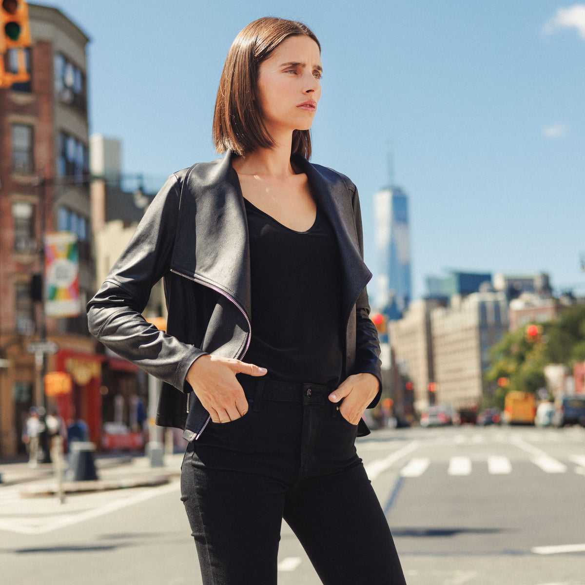 Clara Sunwoo Recommended - Liquid Leather™ Drape Neck Zip Jacket - Black - Final Sale