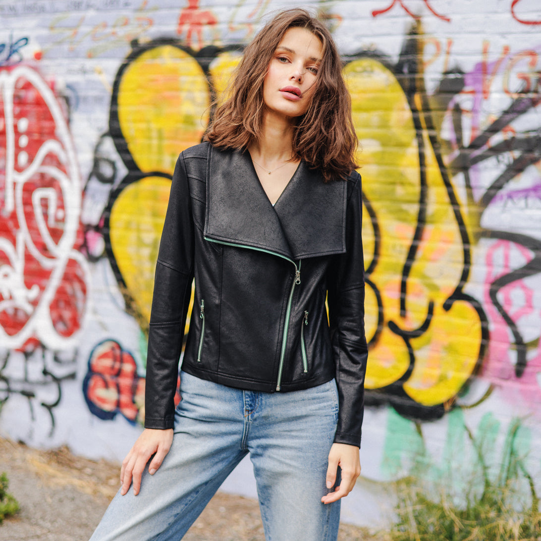 Clara Sunwoo Recommended - Liquid Leather™ Drape Neck Zip Jacket - Black - Final Sale