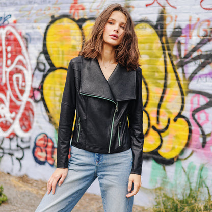 Clara Sunwoo Recommended - Liquid Leather™ Drape Neck Zip Jacket - Black - Final Sale