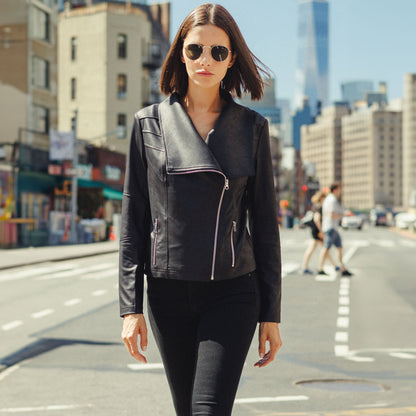 Clara Sunwoo Recommended - Liquid Leather™ Drape Neck Zip Jacket - Black - Final Sale