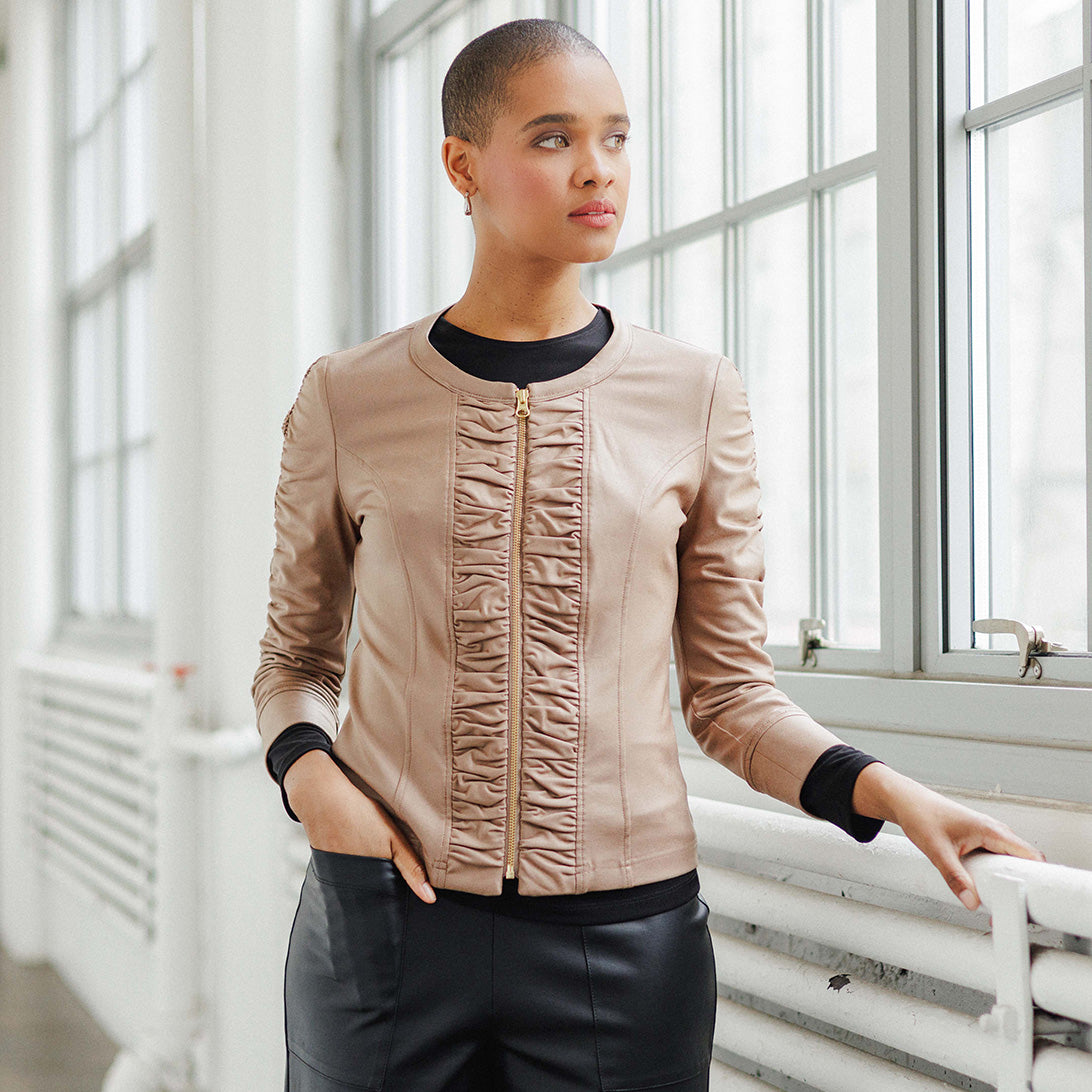 Clara Sunwoo New - Liquid Leather™ Ruched Detail Jacket - Taupe - Final Sale