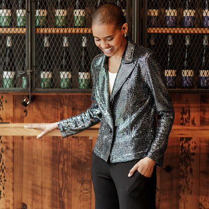 Clara Sunwoo Trending - Shimmer Sequin - Modern Button Blazer - Gunmetal - Final Sale