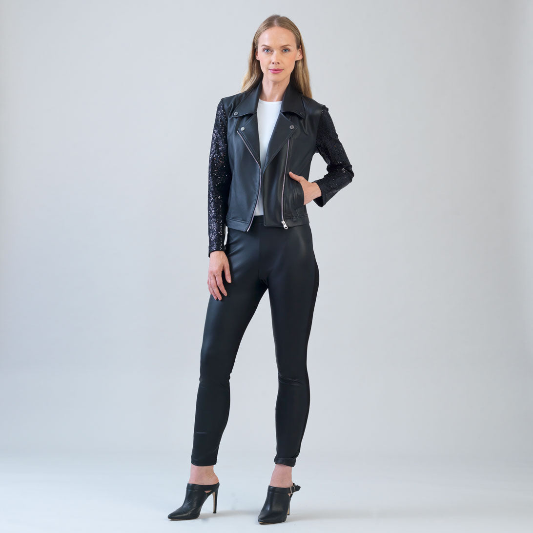 Clara Sunwoo Customer Favorite - Sequin Knit - Liquid Leather™ Sheen Moto Jacket - Black - Final Sale