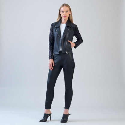 Clara Sunwoo Customer Favorite - Sequin Knit - Liquid Leather™ Sheen Moto Jacket - Black - Final Sale