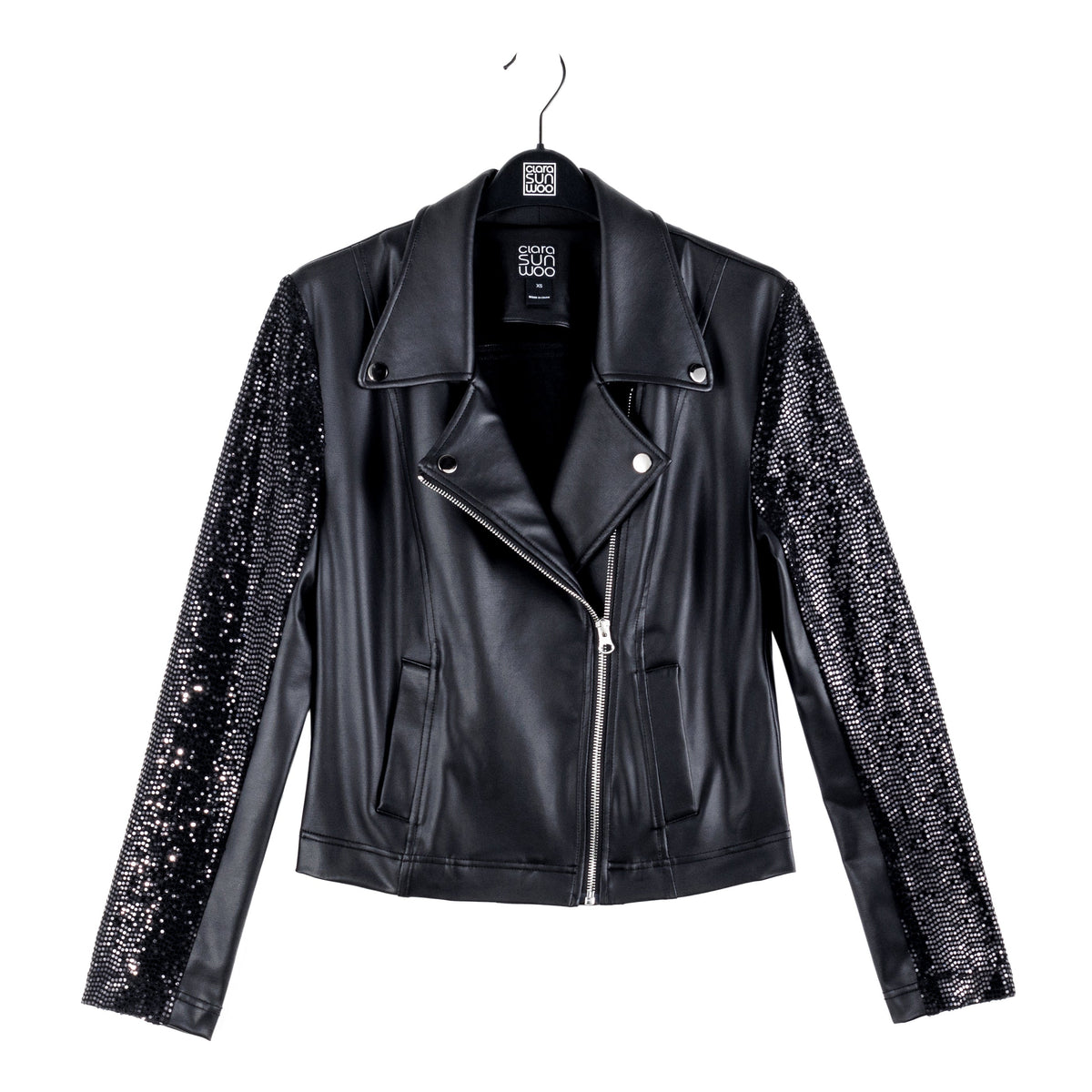 Clara Sunwoo Customer Favorite - Sequin Knit - Liquid Leather™ Sheen Moto Jacket - Black - Final Sale