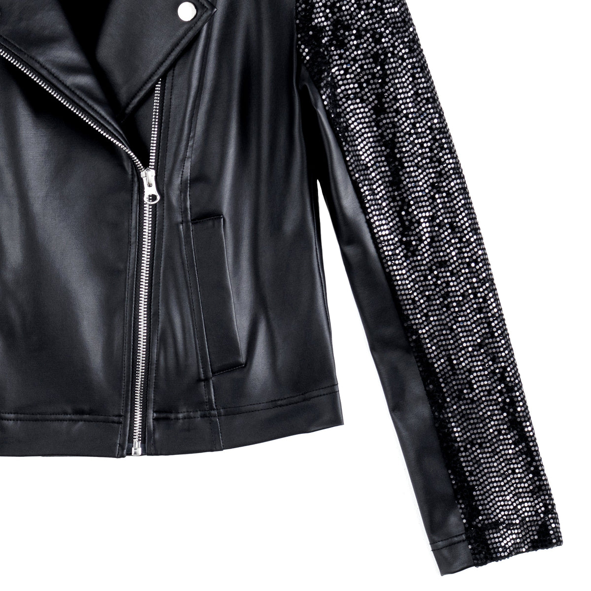 Clara Sunwoo Customer Favorite - Sequin Knit - Liquid Leather™ Sheen Moto Jacket - Black - Final Sale