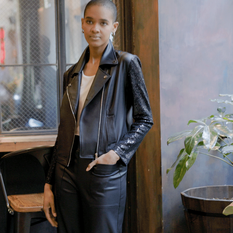 Clara Sunwoo Customer Favorite - Sequin Knit - Liquid Leather™ Sheen Moto Jacket - Black - Final Sale