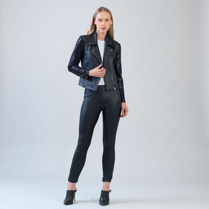 Clara Sunwoo Customer Favorite - Sequin Knit - Liquid Leather™ Sheen Moto Jacket - Black - Final Sale