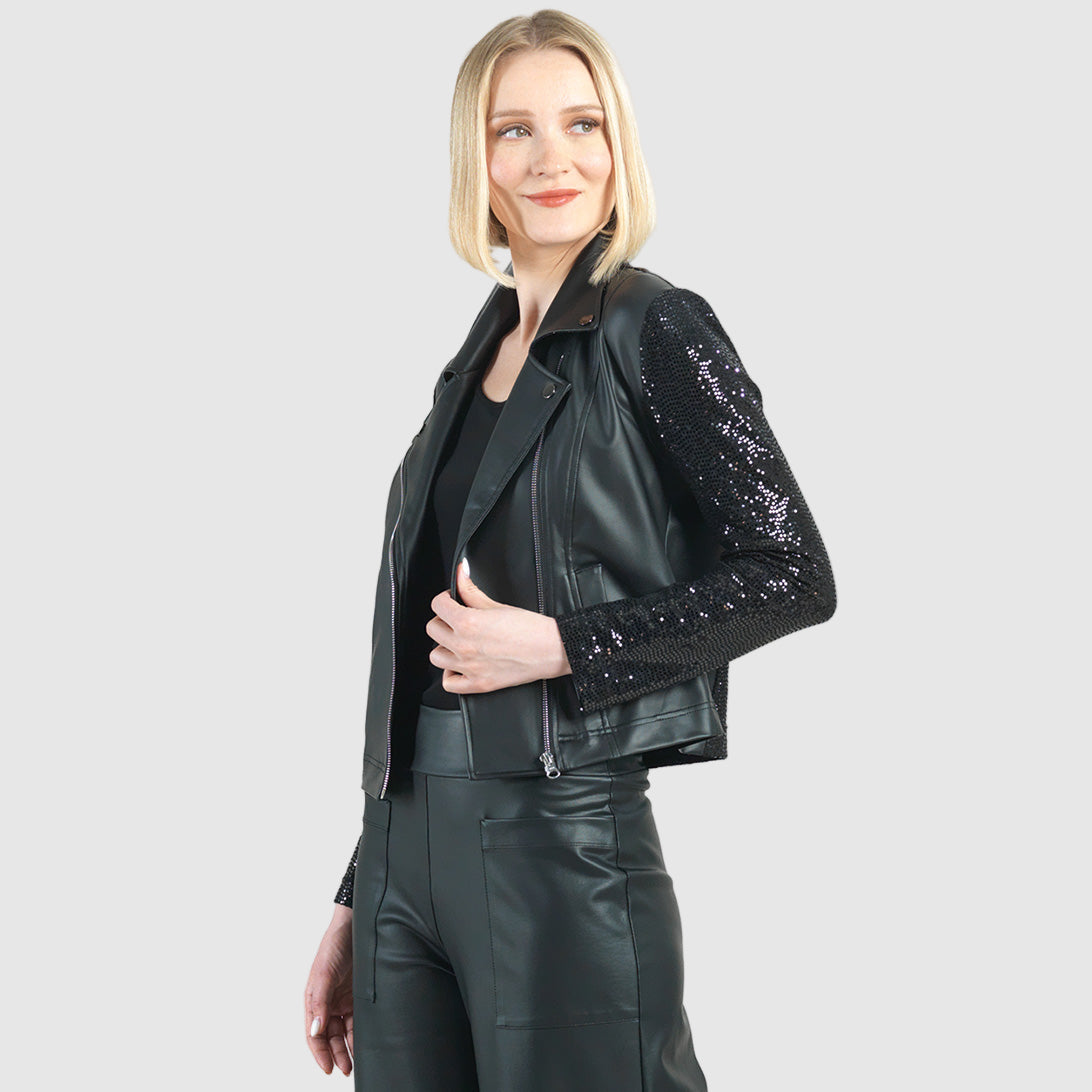Clara Sunwoo Customer Favorite - Sequin Knit - Liquid Leather™ Sheen Moto Jacket - Black - Final Sale