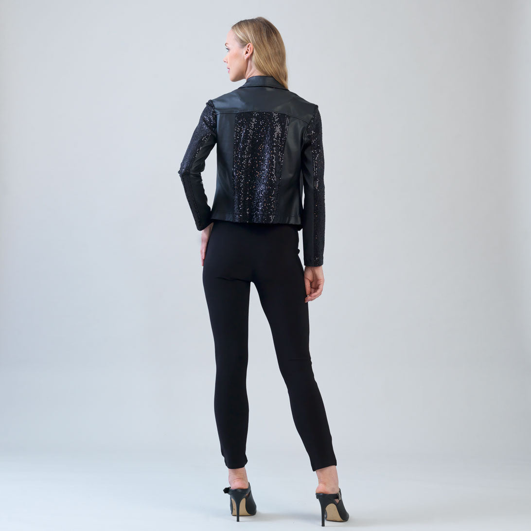 Clara Sunwoo Customer Favorite - Sequin Knit - Liquid Leather™ Sheen Moto Jacket - Black - Final Sale