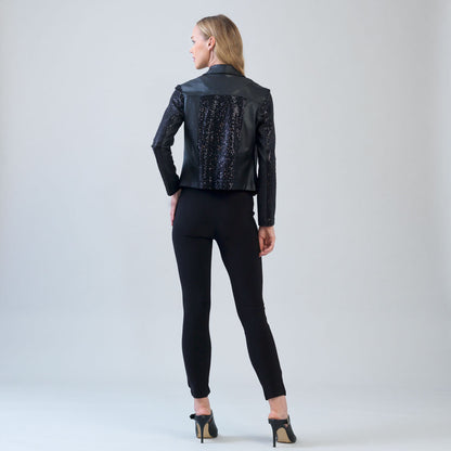 Clara Sunwoo Customer Favorite - Sequin Knit - Liquid Leather™ Sheen Moto Jacket - Black - Final Sale