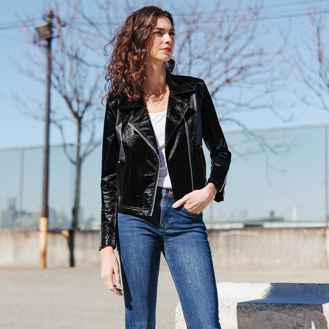 Clara Sunwoo Great Value - Vinyl + Liquid Leather™ Panel Zip Cuff Pocket Jacket - Black - Final Sale