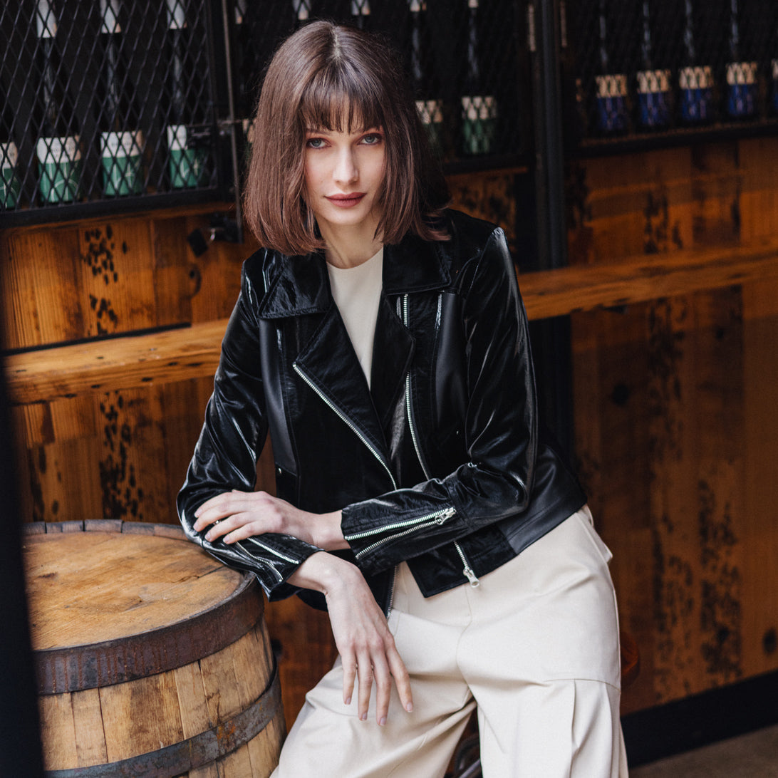 Clara Sunwoo Great Value - Vinyl + Liquid Leather™ Panel Zip Cuff Pocket Jacket - Black - Final Sale